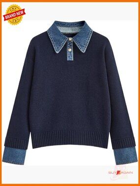Oversized Denim Collar Pullover Sweater Long Sleeve Knit Loose Fit